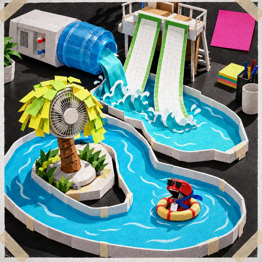 Paper-craft water park on a desk: a tipped water cooler pours a wave pool, spreadsheet strips curl into twin slides, and a red stapler floats the lazy river on an inner tube.