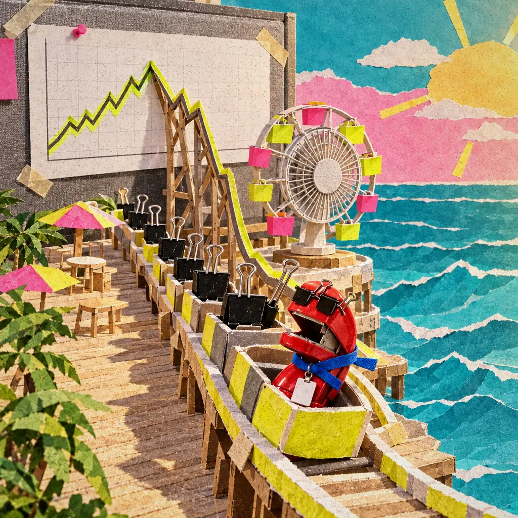 A printed line chart peels off a cubicle wall into a boardwalk roller coaster, with a desk-fan Ferris wheel and binder clips riding the cars beside a paper ocean.