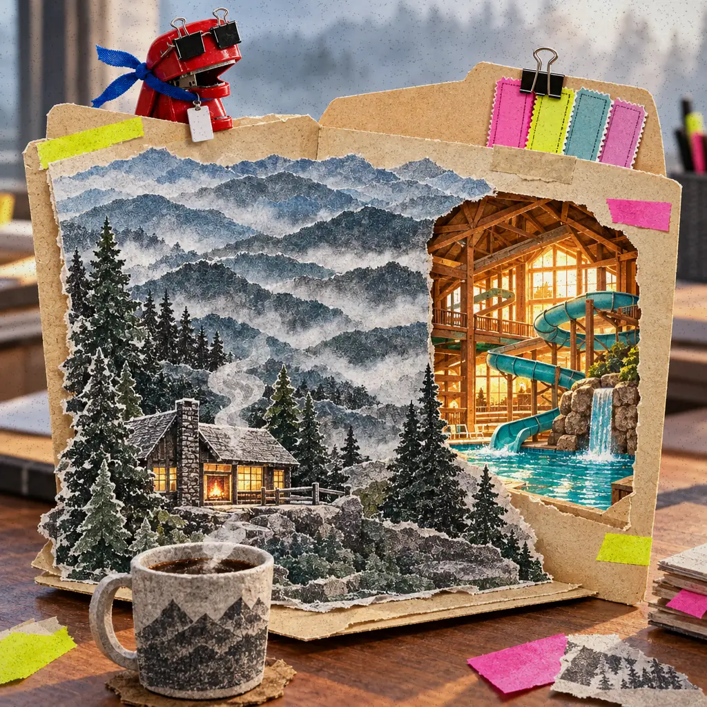 A manila folder opens like a pop-up book into layered paper Smoky Mountains, with coffee steam for mist and an indoor water park glowing through a cut-out window.