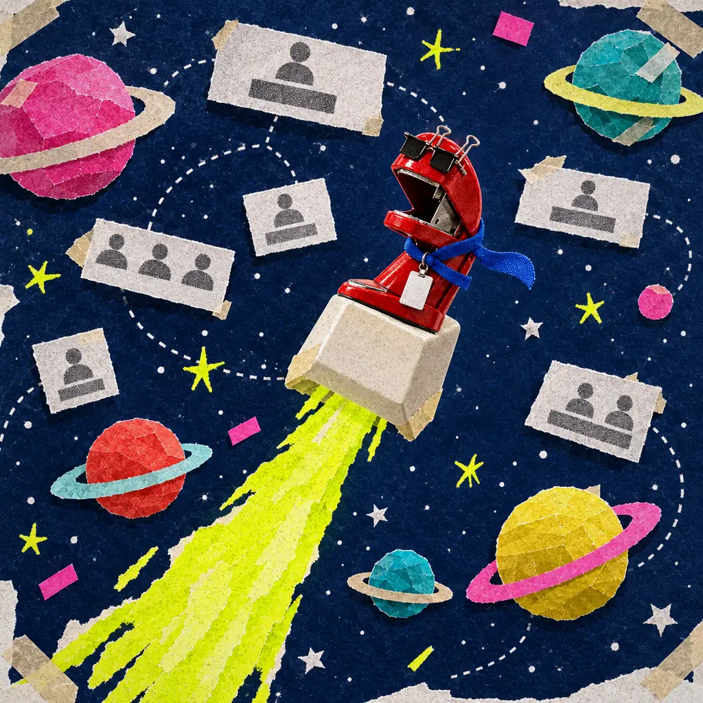 Org-chart boxes float loose in a paper starfield of cut-out planets while a red stapler rides a keyboard keycap rocket with a highlighter-yellow exhaust trail.